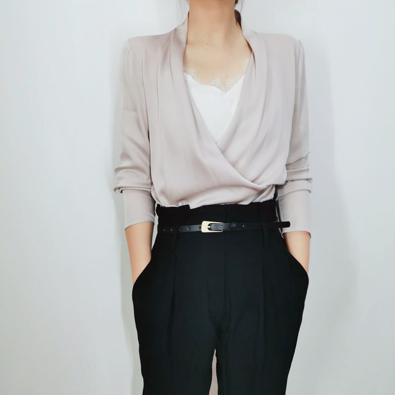 Clearance Commuter OL Long Sleeve V-Neck Silk Shirt Women's Fashion Stylish Heavy Silk Cream Powder Swing Collar Shirt