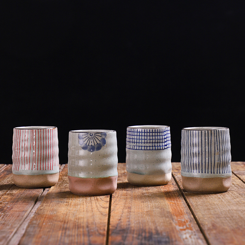 Cross-border Japanese-style Pottery Cup Hotel Restaurant Creative Tea Cup Hand-painted Striped Sushi Cup Commercial Water Cup