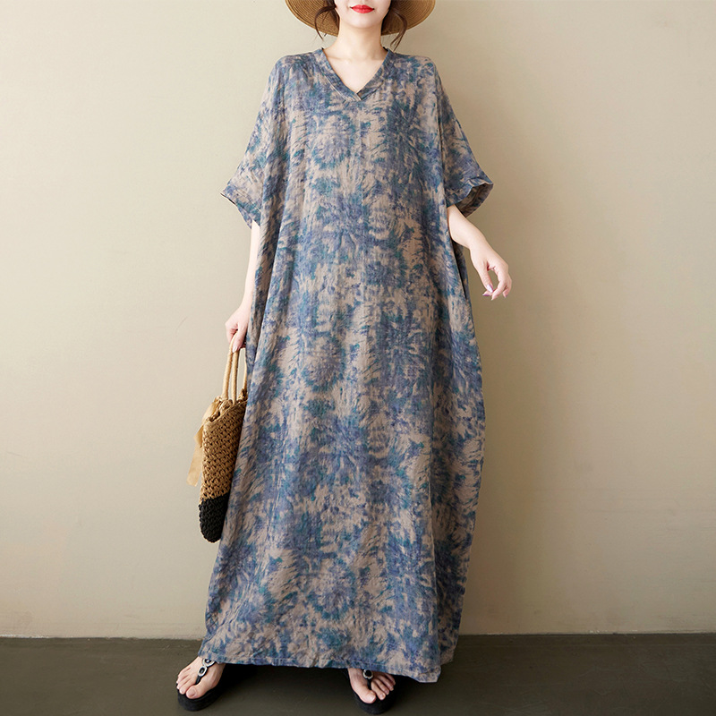2025 Summer Fashion Loose plus size Women's New Artistic Retro V-neck Cotton Linen Printed Shoulder Sleeve dress