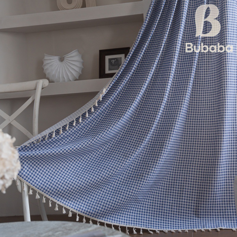 Picture of Flying cat cross-border new curtain plaid printed kitchen curtain beige tassel semi-shading decorative curtain factory wholesale