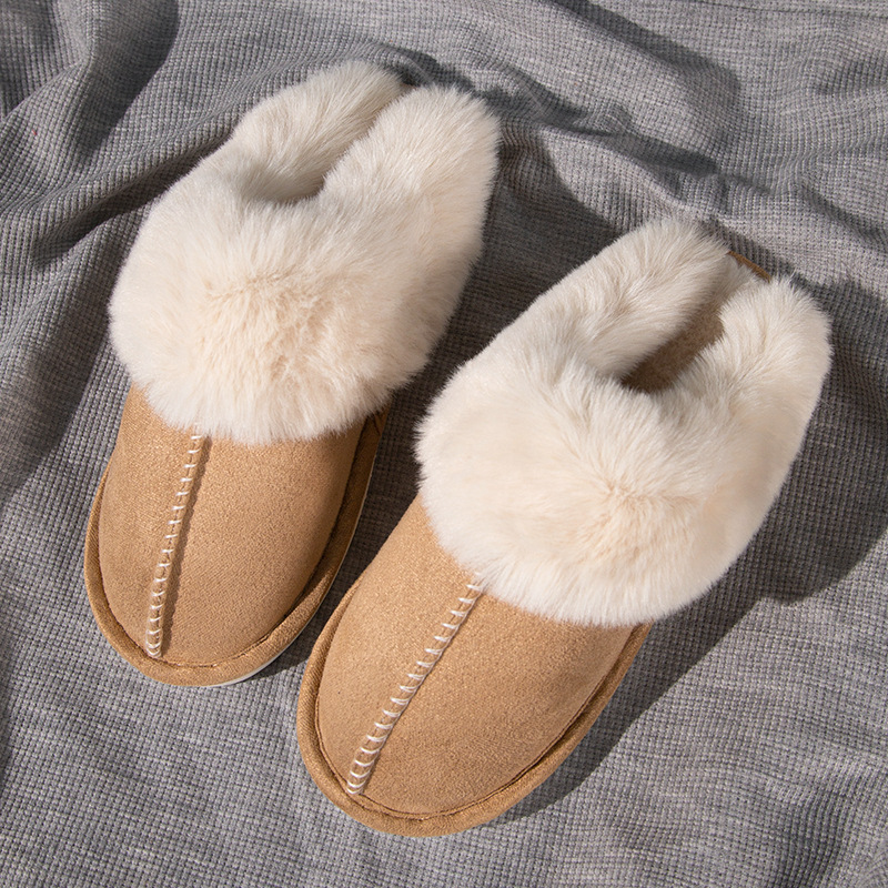 New Men and Women Couple Pure Color Cotton Slippers for Home Indoor Non-Slip Floor Soft Bottom Fleece-Lined Warm Plush Autumn