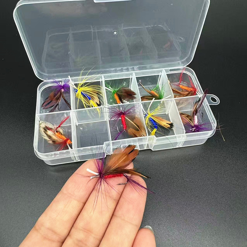 Fly Fishing Lure Box with 10 Feathered Hooks, Insect Fishing Lures, Fishing Tackle Supplies Wholesale