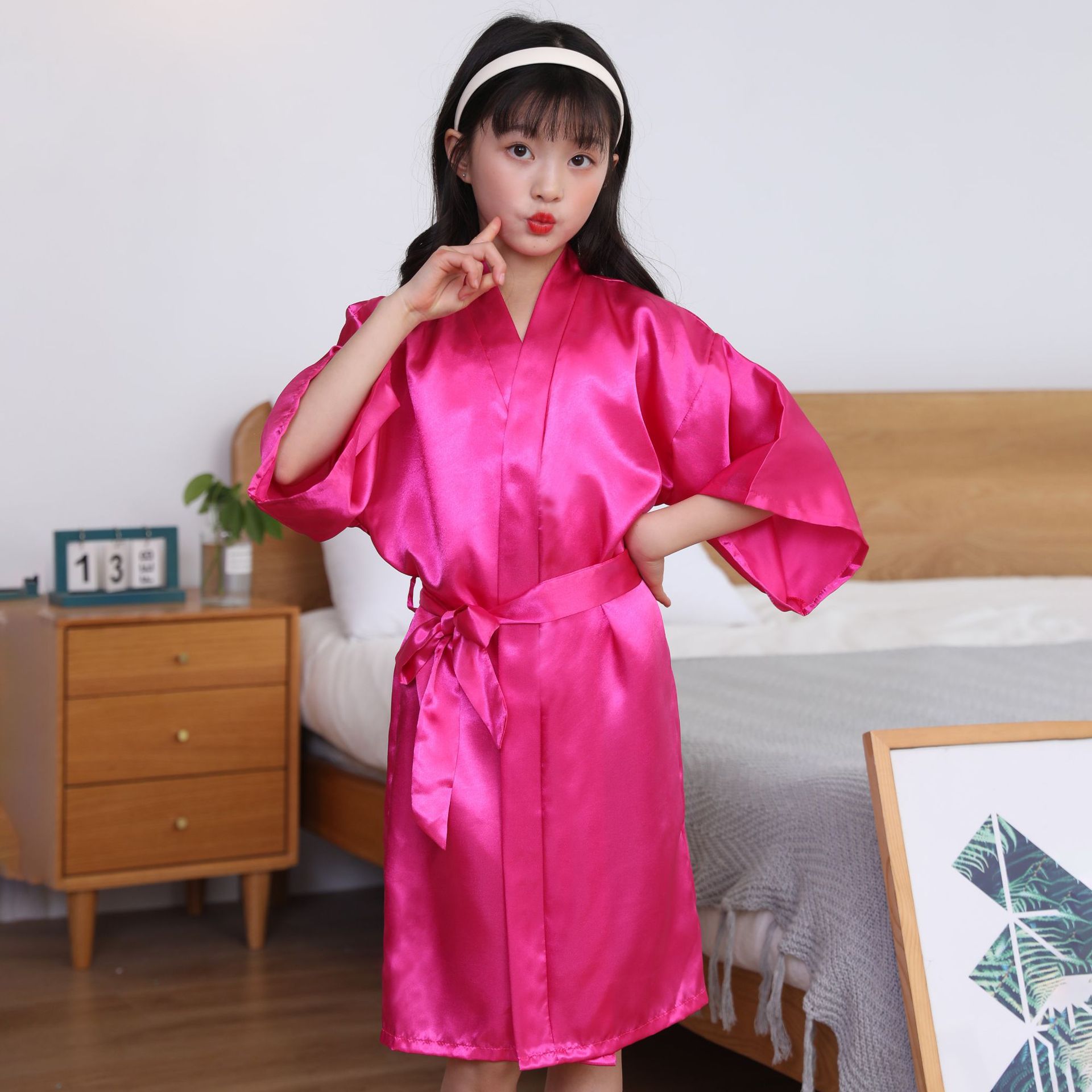 Picture of Cross-border children's solid color morning gown simulation silk nightgown skirt foreign trade satin bathrobe long cardigan kimono Amazon