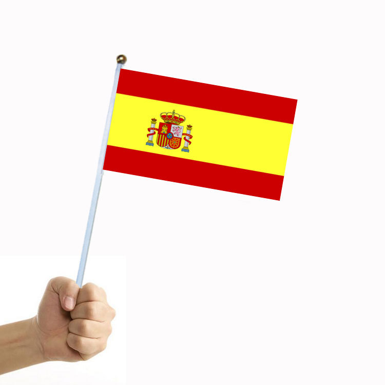Spanish hand flag with flagpole No. 8 Flag 14 * 21cm polyester double-sided pattern