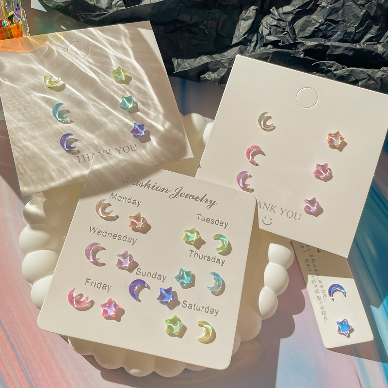 Fantasy Colorful Stars with the Moon, Fresh Small Earring Set, Fairy Girl Earrings, Small, Clear and Super Shiny, Pierced Ears