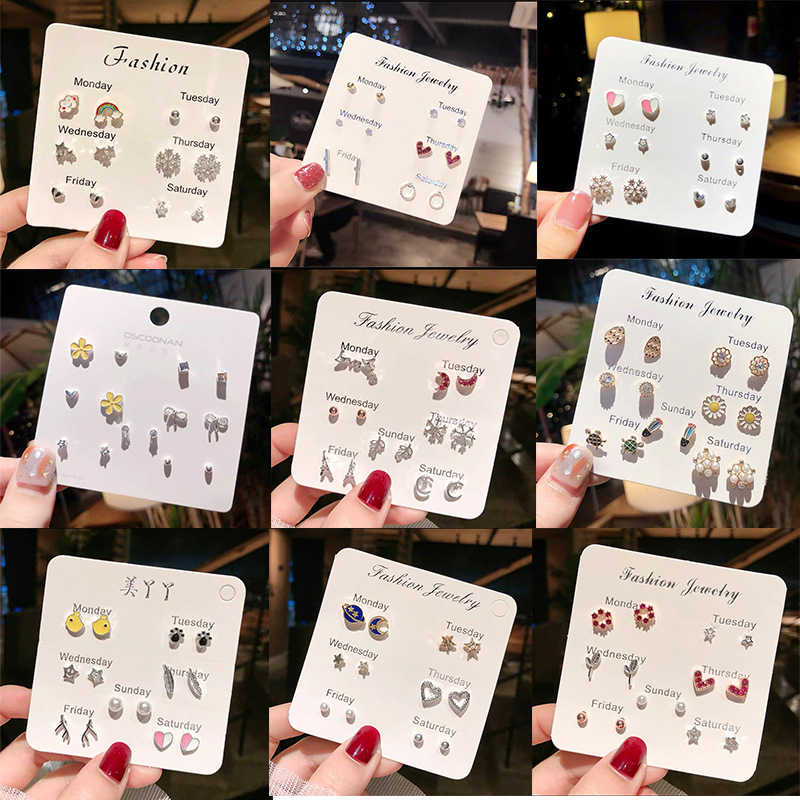 Korean style hot sale earrings for one week suit 7 pairs simple all-match sweet earrings suit combination weekly earrings for women