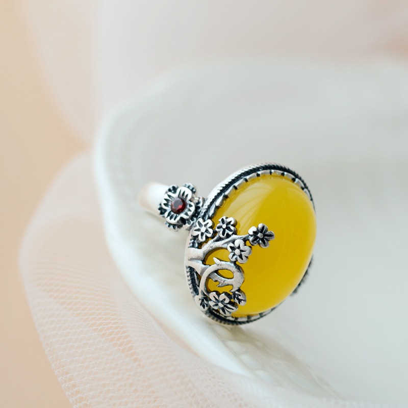 Nafoge silver jewelry wholesale inlaid with natural chalcedony 990 sterling silver ring garnet red zirconium retro silver ring