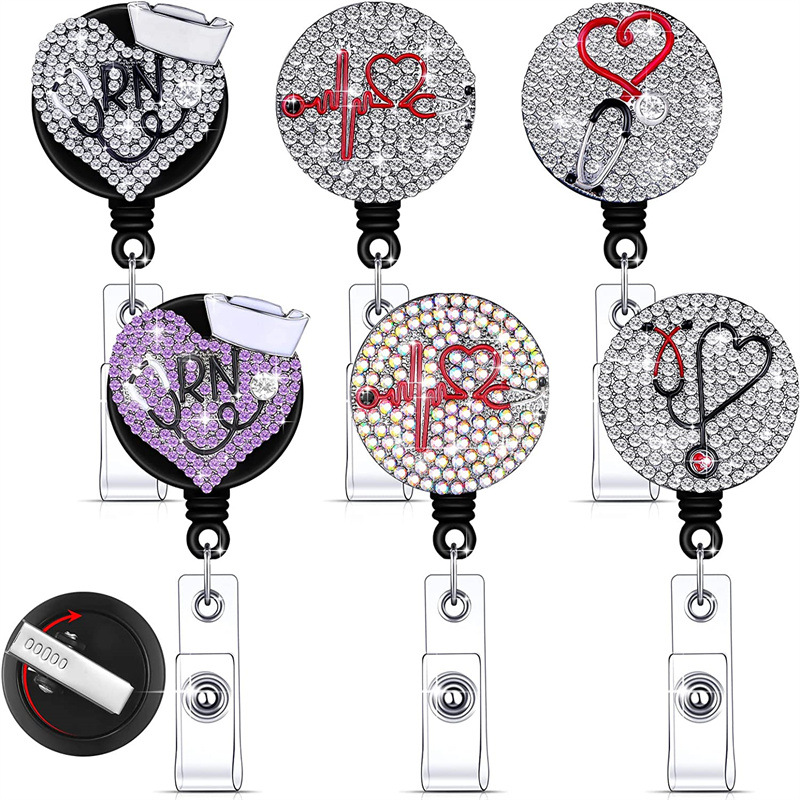 Amazon White Nurse Rhinestone Stethoscope Diamond-encrusted Electrocardiogram RN Rotating Back Clip Breast Card Certificate Telescopic Buckle