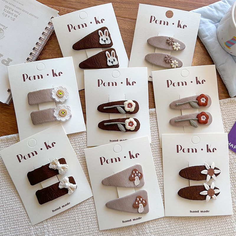New Autumn and Winter brown Flower Mushroom Rabbit Embroidery Children's BB Clip Bow Baby Hairpin Side Clip Bangs Clip