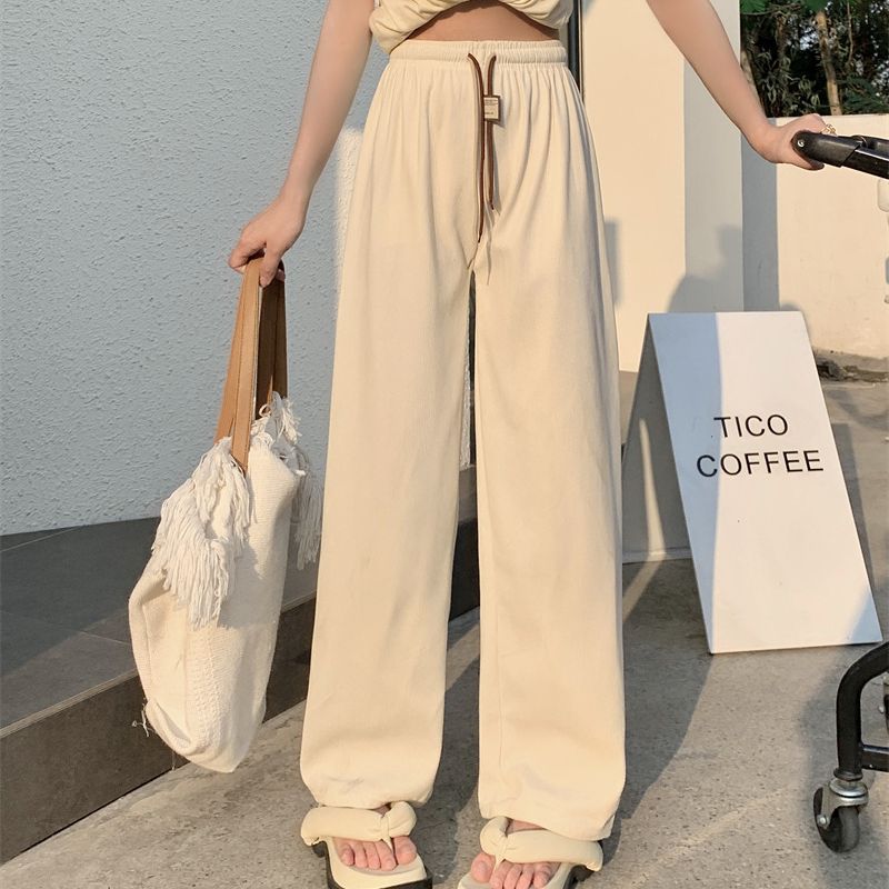 Grooved Cotton Velvet Smiley Face Double Drawstring Wide-Leg Pants for Women, Spring and Autumn High-Waist Drapey Loose Straight Ultra-Thin Stripe Casual Pants