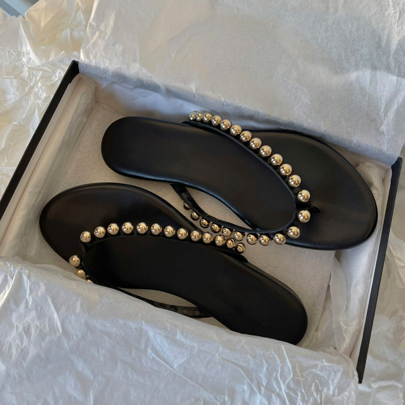 French Pearl Genuine Leather Flat Flip-Flops for Women Outfit 2024 Summer New Fashionable Beach Sandals