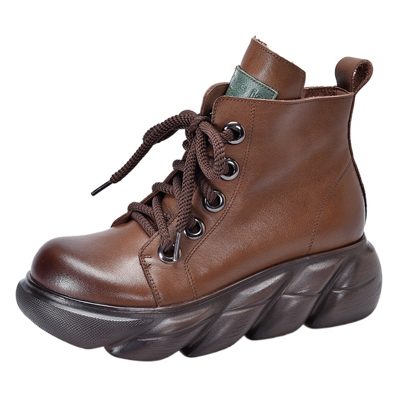 [Event Price 148] Platform Thick-Soled Single Boots Autumn and Winter Lace-Up Short Boots Round Toe Retro Color Polished Leather Boots