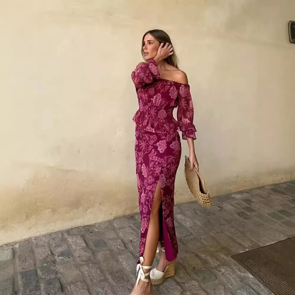 2024 Women's Cross-border European and American-style Printed Shoulder Collar Rose Red Long-sleeved Shirt Printed High Waist Skirt Set