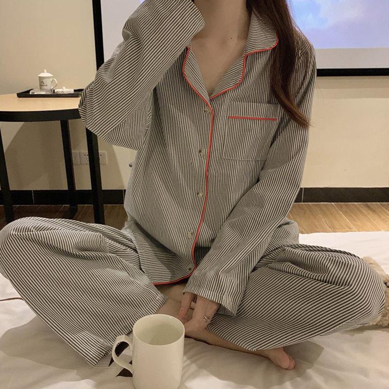 Korean Style Striped Women's Pajamas Long-Sleeved Spring and Summer Cardigan Lapel Button Home Clothes Women's Slimming Home Clothes Imitation Cotton