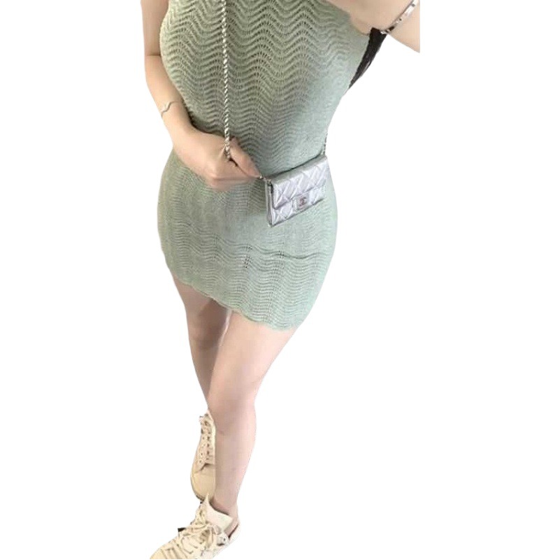 Summer Dopamine Green Knitted Hanging Neck Strap Dress Women's Summer Skirt Slim-fit Hot Girl's Hip Skirt Skirt