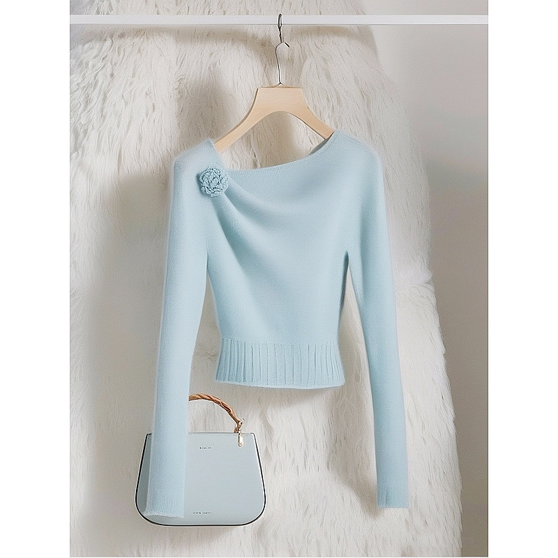 Foreign Style Fashionable Commuter Wear Blue Knitted Sweater 2024 Autumn New Fashion Elegant Unique Chic Top