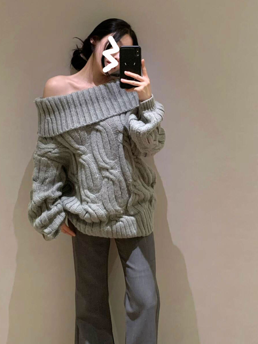 Sweater Women's 2024 Winter New Korean Style off-line Collar Long Sleeve Loose Lazy Style Pullover Twist French Knitted Sweater
