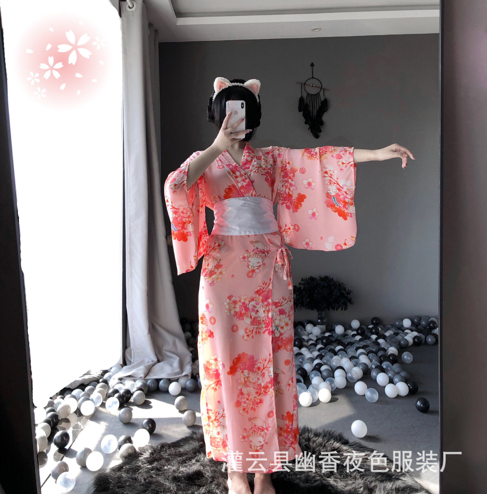 Lin Linting Sexy Underwear Japanese Kimono Women's Long Cat Women's Sexy Pajamas Temptation Women's Chiffon 1143