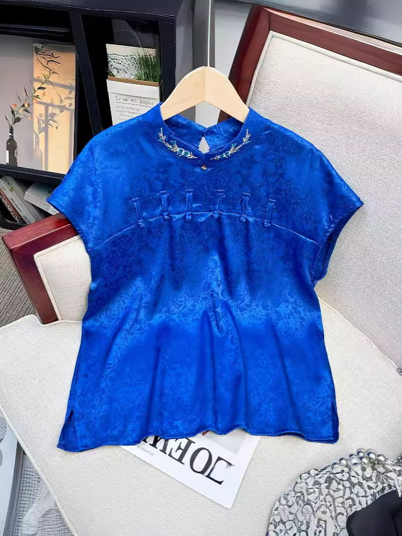 Real Shot 2024 Summer Top Women's High-end Sense Silk-like Improved Cheongsam Chinese Style National Style Buckle Printed Small Shirt