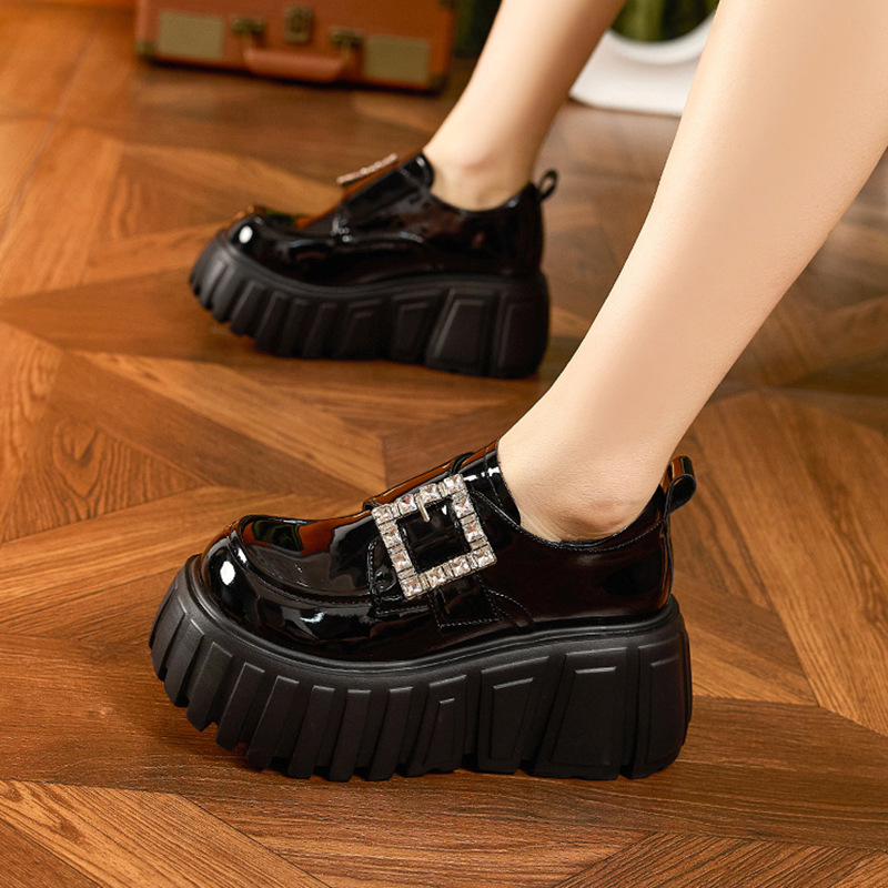 Thick-Soled Loft Women's 2025 Spring New Black Platform Small Leather Shoes Fashionable and Easiest for Match Height-Increasing Women's Shoes for Small People