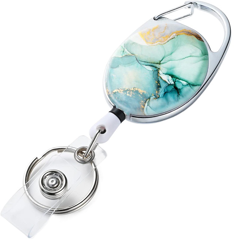 Factory spot marble Oval telescopic easy pull buckle double-sided UV printing pattern backpack anti-lost key chain wholesale
