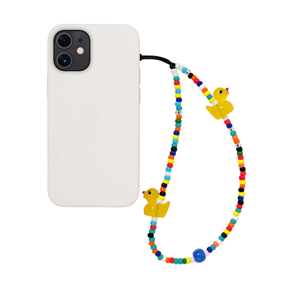 Picture of KKBEAD Color Beaded Bubble Bath Cute Duck Mobile Phone Rope Hanging Accessories All-match Glass Rice Beads Mobile Phone Chain Women