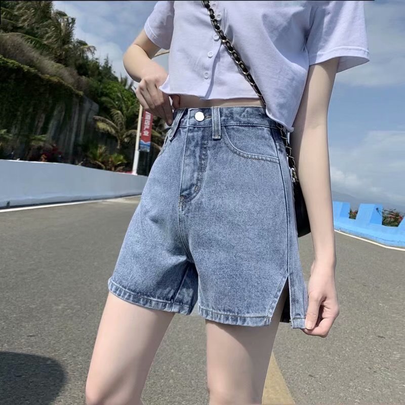 Spring and Summer 2021 Denim Shorts Women's High Waist Slimming Split A- shaped Trendy Hot Pants Loose Large Size Wide-leg Pants