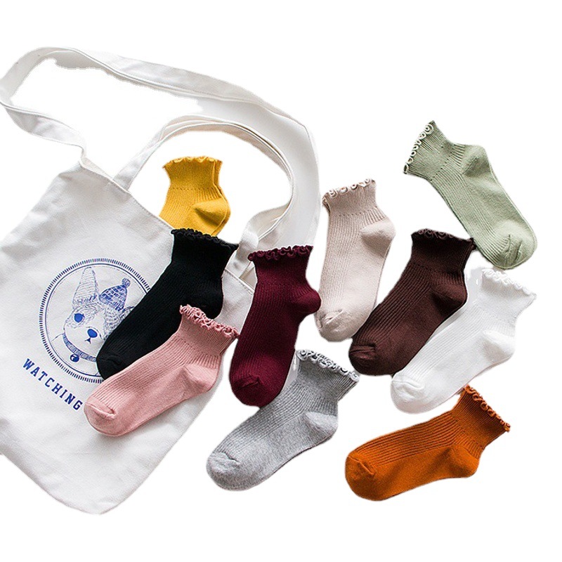 Autumn Socks, Women's Pure Color Fungus Lace Mid-Calf Socks, Cotton Japanese Style Curled Short Socks, Street Stall Supply