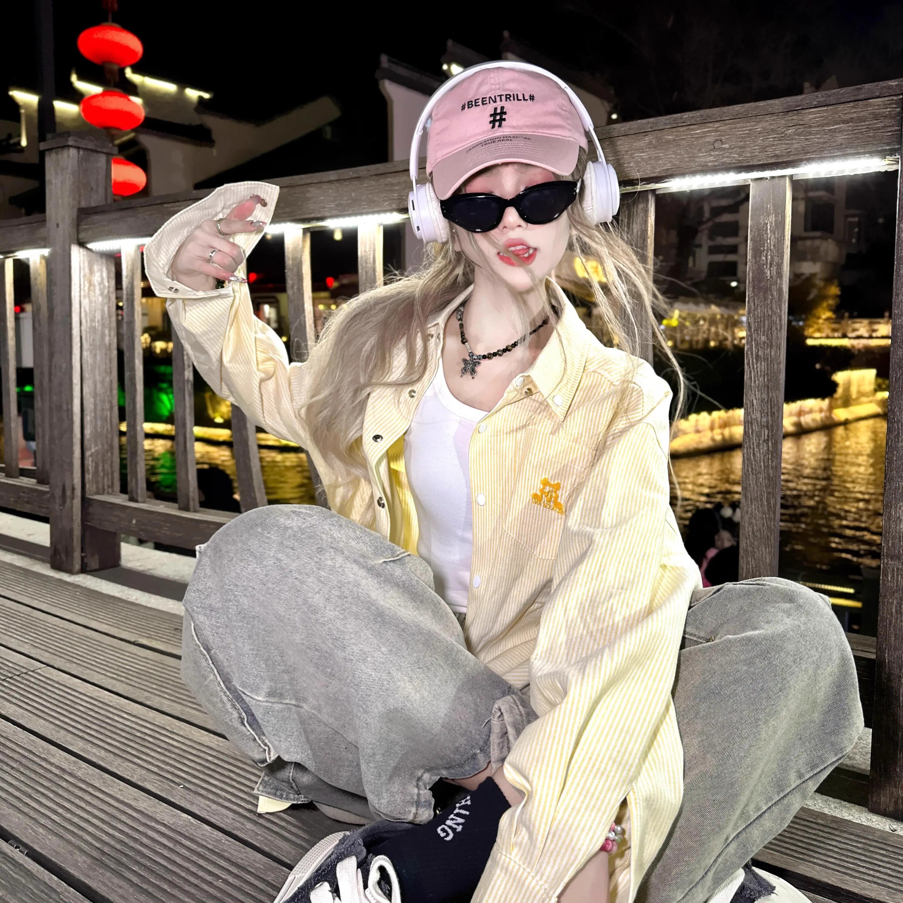 American Stripesd Shirt Women's Manufacturer Japanese Spring & Fall New Embroidered Yellow High-End Shirt Loose Sun Protection Jacket