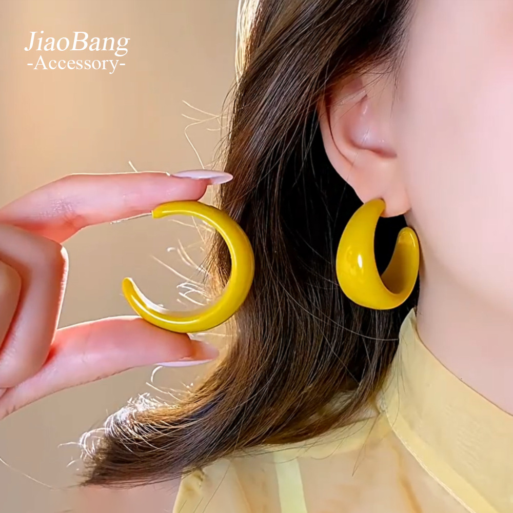 Silver Needle New Trendy Elegant C-Shaped Yellow Earrings, Personalized Exaggerated Circle Earrings, Simple and High-End Earrings