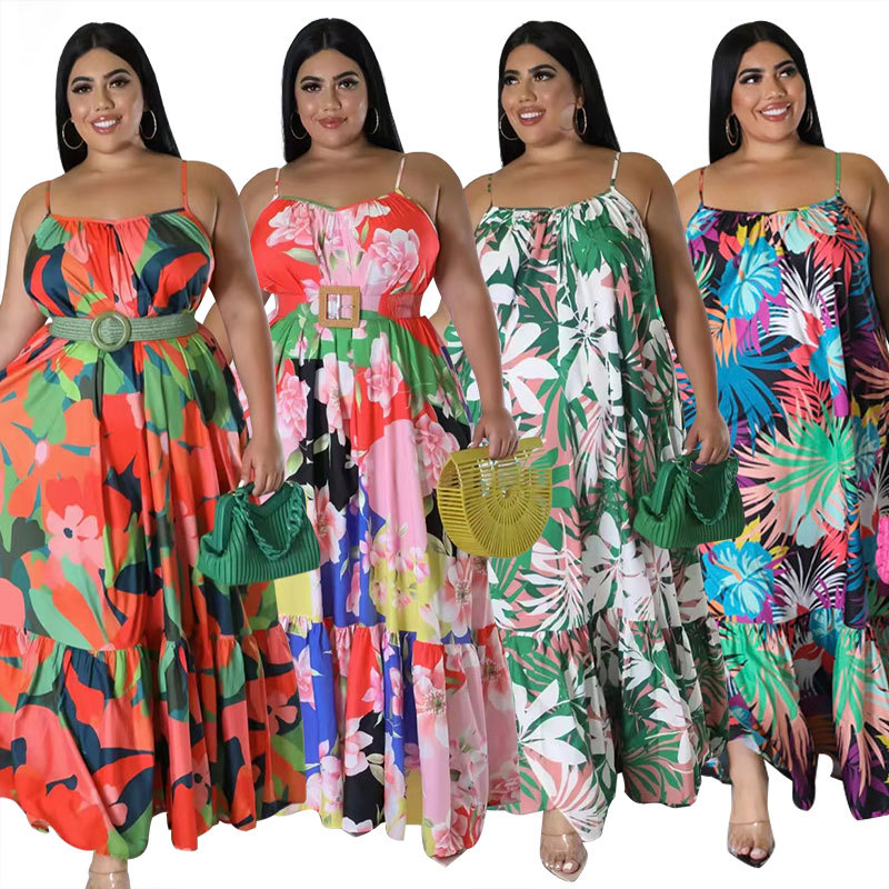 Picture of 211259 New Summer Product European and American Sexy Off-Shoulder Pleated Long Plus Size Women's Fashion Printed Suspender Dress