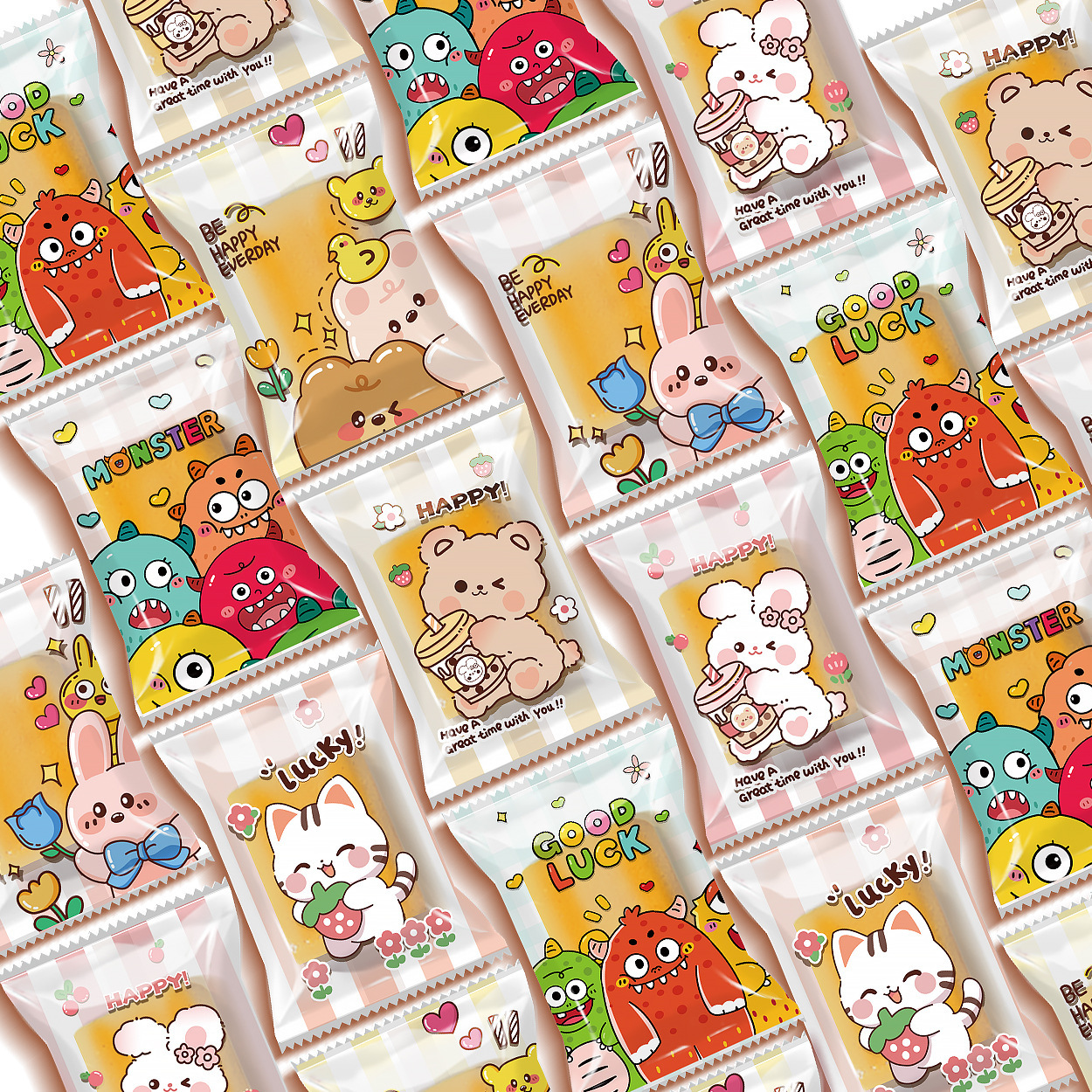 Original cartoon snowflake crisp packaging bag happy little monster in the bag candy cookie machine bag in stock wholesale
