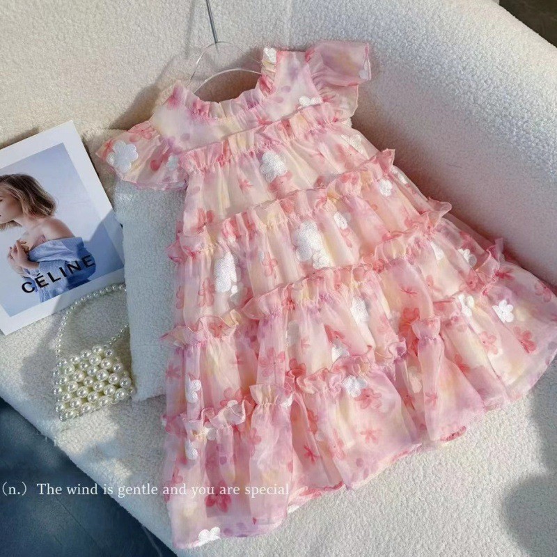 Girls' dress High-grade Korean Style New Style Small Floral Dress Girls' Yarn Dress Summer Dress Sweet Princess Dress 6Y110