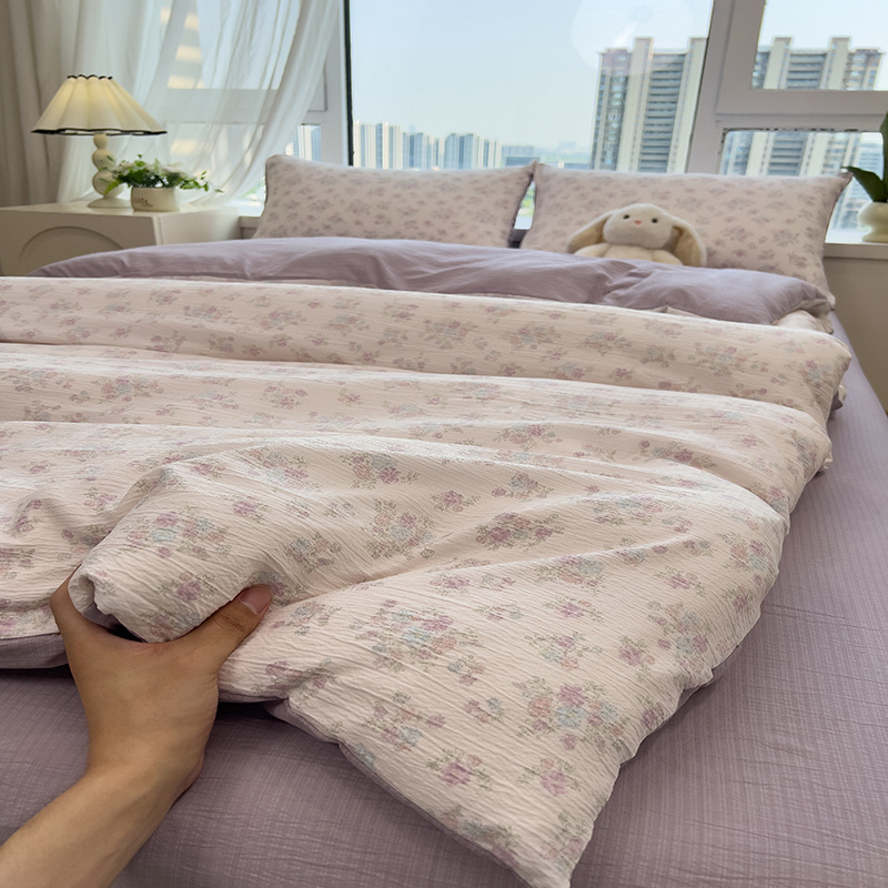 Picture of Double-Layer Gauze Wrinkled Cotton Bed Four-Piece Set Small Fresh Quilt Cover Home Ins Style Floral Summer New Three-Piece Set