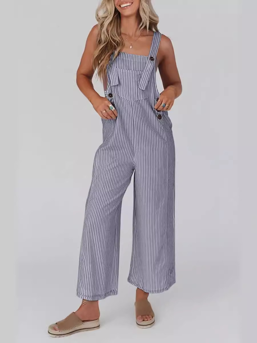 Women's Jumpsuit 2024 Summer Casual Wide Leg Sleeveless Button Striped Romper Fashion Clothing Commute
