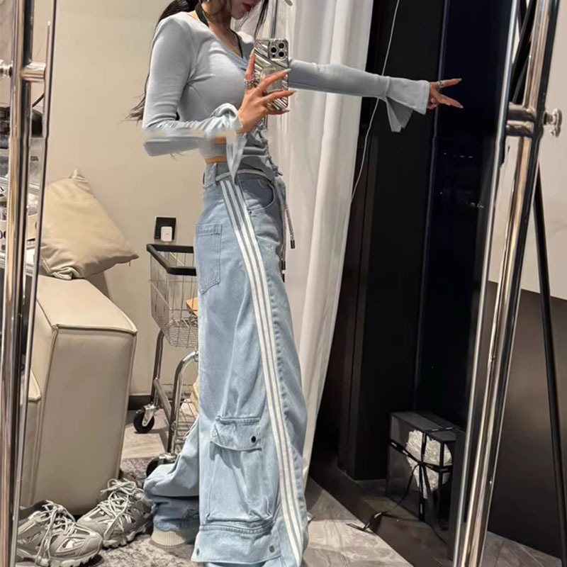 Blue Vertical Stripe Tooling Straight Leg Pants Women's 2024 Summer New Explosions High Waist Slimming Small Wide Leg Pants
