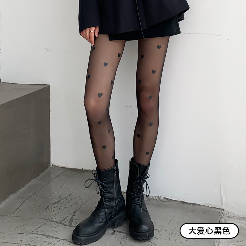 Picture of 2022 Hot Anti-stripping Silk Screen Printed Black Silk Stockings with Flowers and Letters Polarized Dot Loving Heart Naked Skin-transparent Thin Invisible Pantyhose