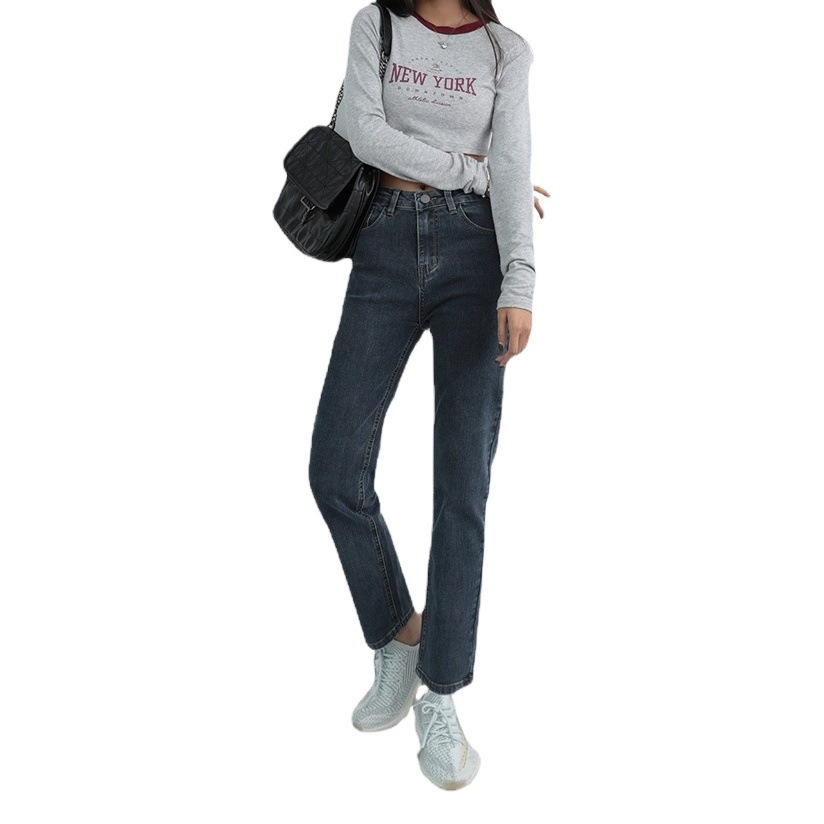 Small Straight-Leg Jeans for Women in Autumn and Winter New Blue and Gray High-Waisted Slim Fit Versatile Popular Elastic Cigarette Pipe Nine-Point Pants
