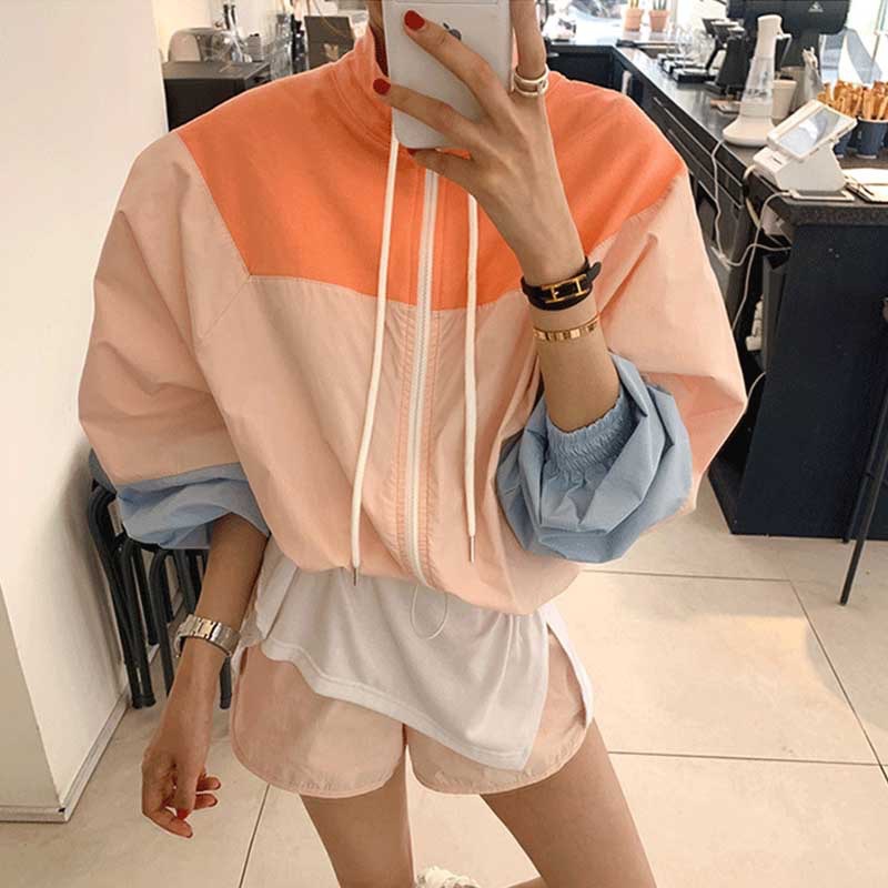 Color matching half turtleneck thin loose sun protection clothing for women Summer new Korean style outdoor long sleeve baseball jacket for students