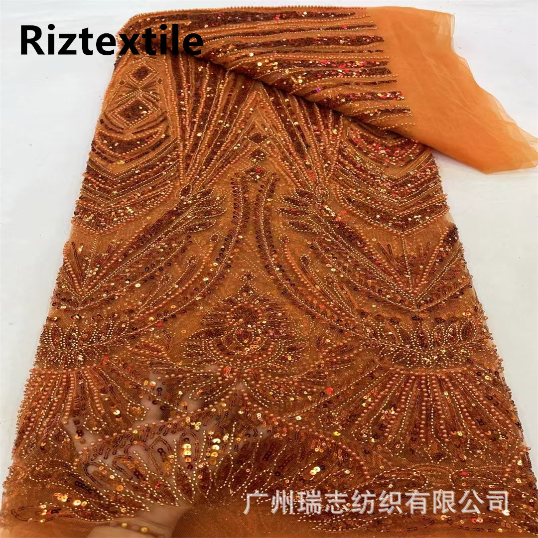 Foreign trade high-end golden bead tube sequins dress dress mesh lace fabric African party costume fashion accessories
