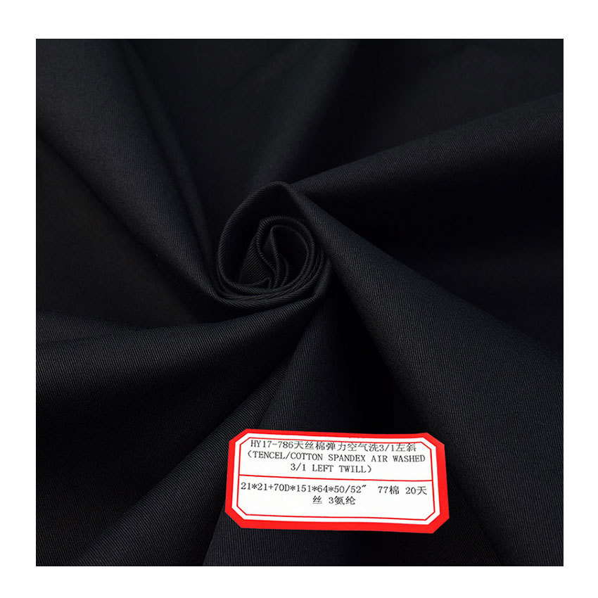 Tencel cotton elastic air wash 3/1 left oblique black Tencel cotton interwoven elastic twill Tencel Cotton left oblique