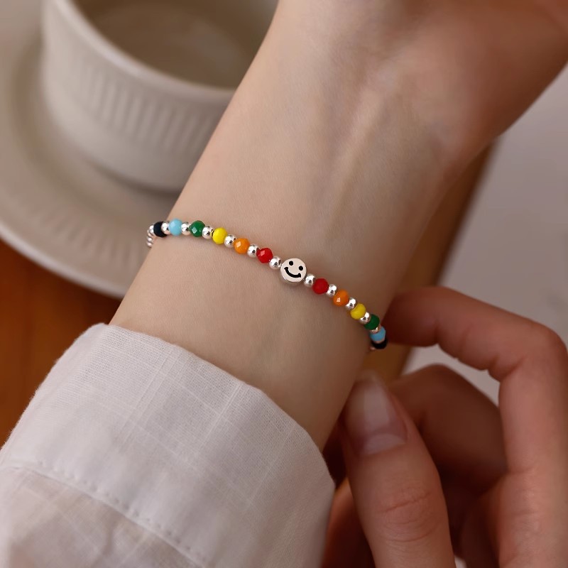 Rainbow Beaded Smiley Face Bracelet for Girls 2025 New Design Best Friend Bracelet Summer Light Luxury Versatile Cute Bracelet