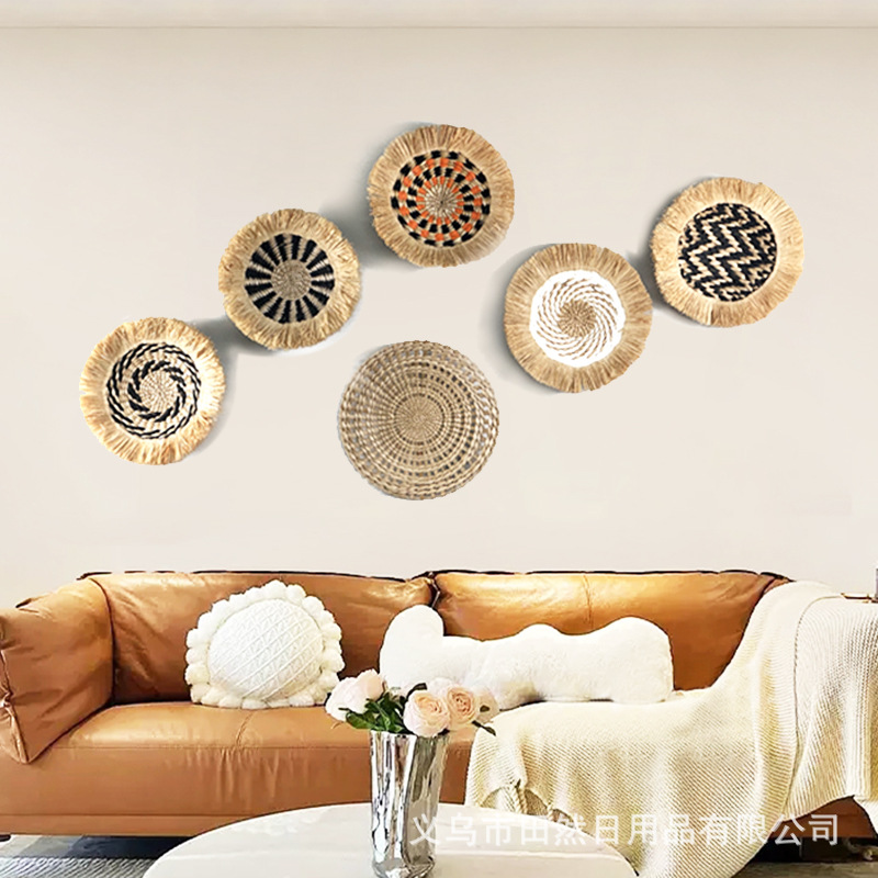 Picture of Bohemian style straw wall decoration living room background wall decoration ethnic round hanging decoration sofa bedside hanging decoration
