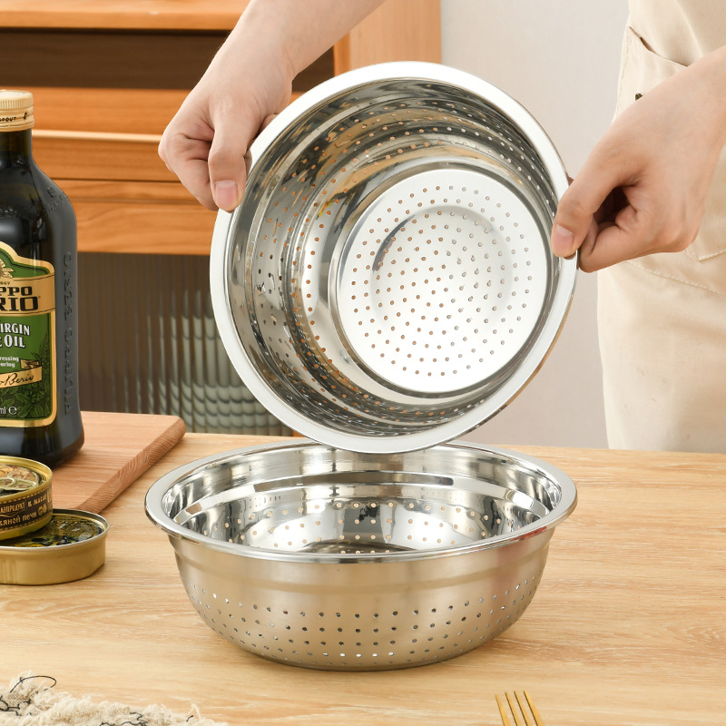 Picture of Non-magnetic thickened stainless steel dense hole multi-purpose rice washing sieve kitchen vegetable washing fruit basket non-leaking rice washing basin drain basket