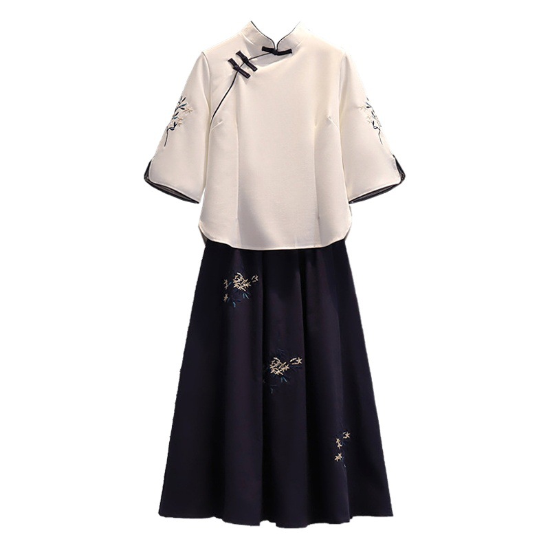 Improved Zen Tea Suit Top Embroidered with Cheongsam Style Chinese Style Three-Quarter Sleeves Bestie Outfit Stand Collar Plate Button Tang Suit Spring and Summer Zen Rhyme