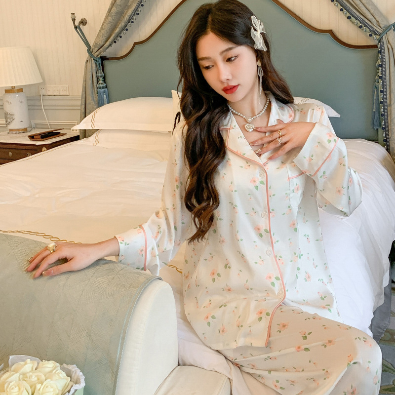 Small fresh ins style pajamas women's spring and summer green flower printed cardigan long sleeve trousers girl home suit wholesale