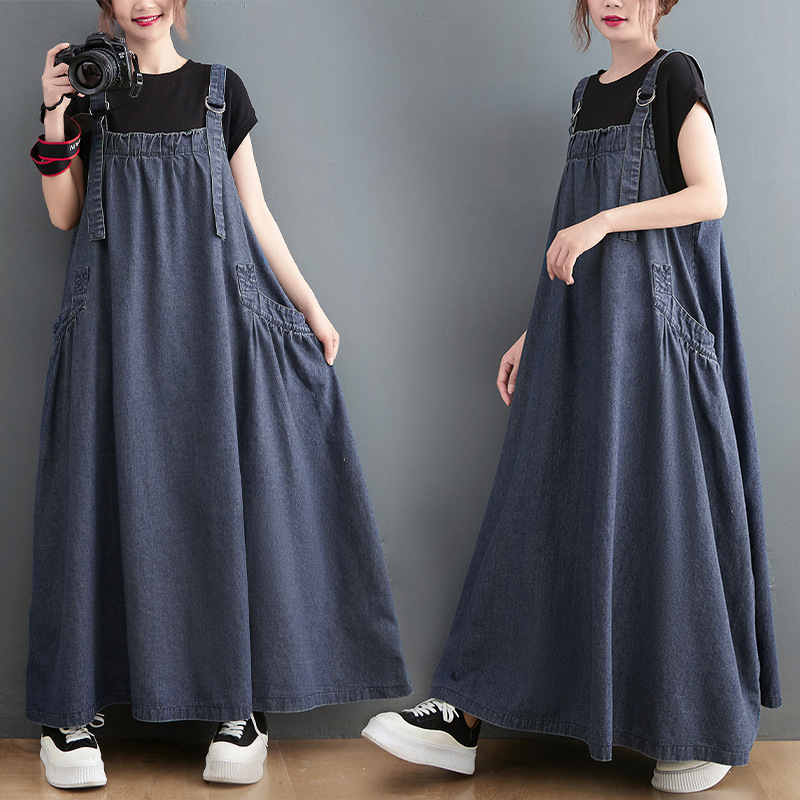 Picture of Plus Size Women's Clothing 2025 Spring and Summer New Suspender Long Skirt Loose Slimming Look Denim Suspender Skirt Large Hem Dress