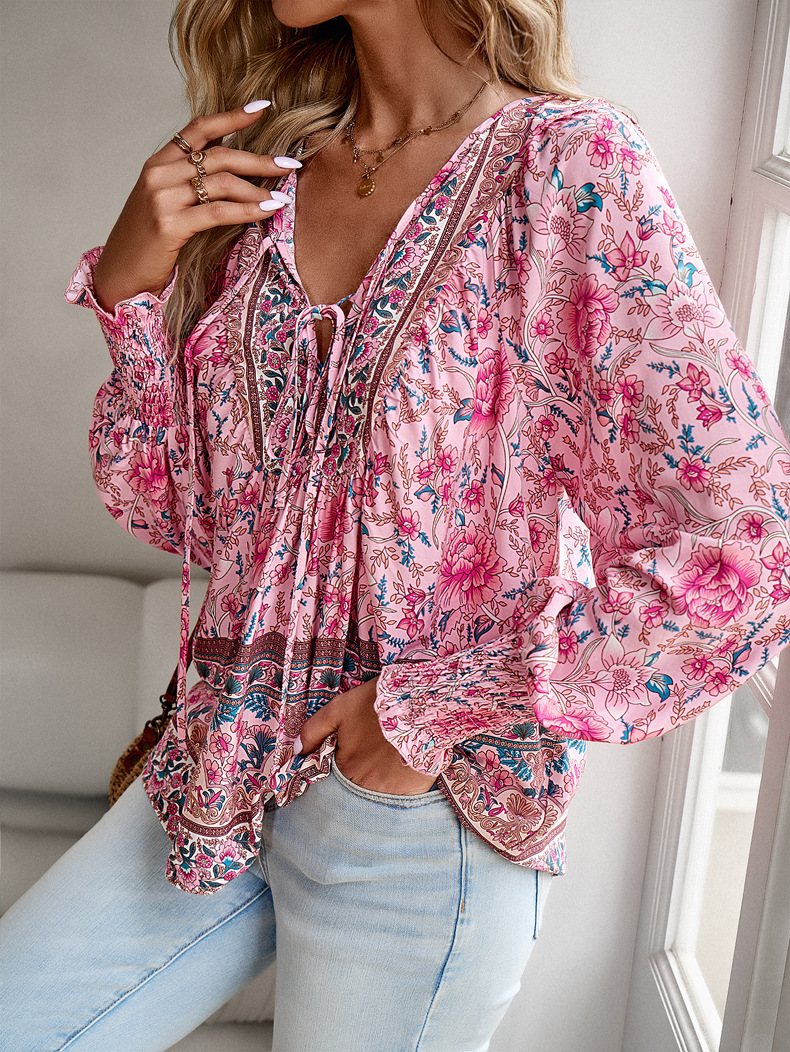 Picture of Kaikuo European and American Cross-Border European Station Amazon Printed Shirt Women's 2025 Autumn Elegant Export V-Neck Long-Sleeved Top