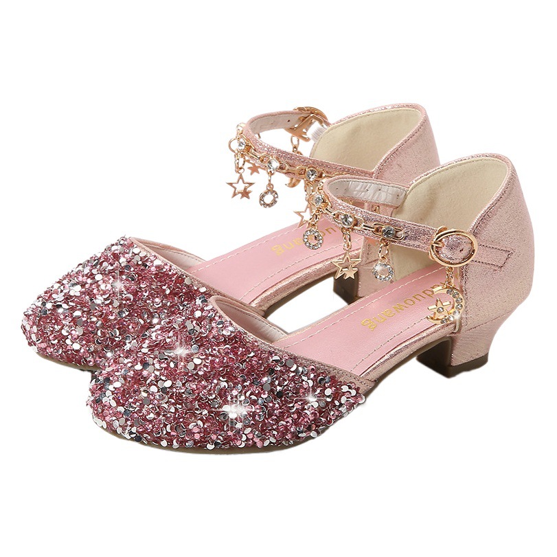 Girls' Princess Sandals 2025 Summer Little Girls' High Heels Hollow Sequin Kidsren's Crystal Leather Shoes Princess Style
