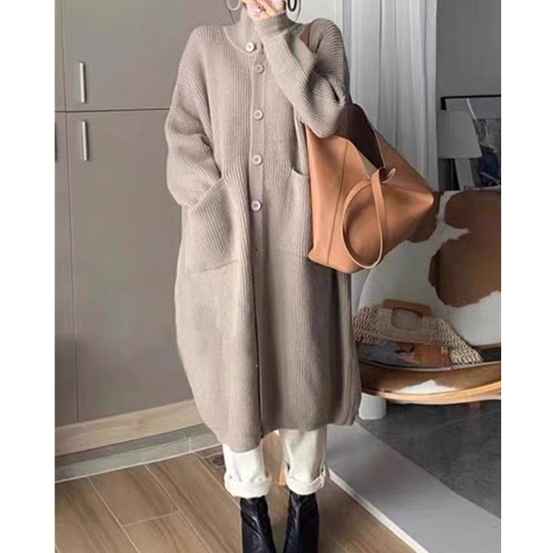 Korean Style Laid-back Style Turtleneck Sweater Women's Single-breasted Solid Color Long-sleeved Knitted Cardigan Mid-length Coat Women's Spring and Autumn